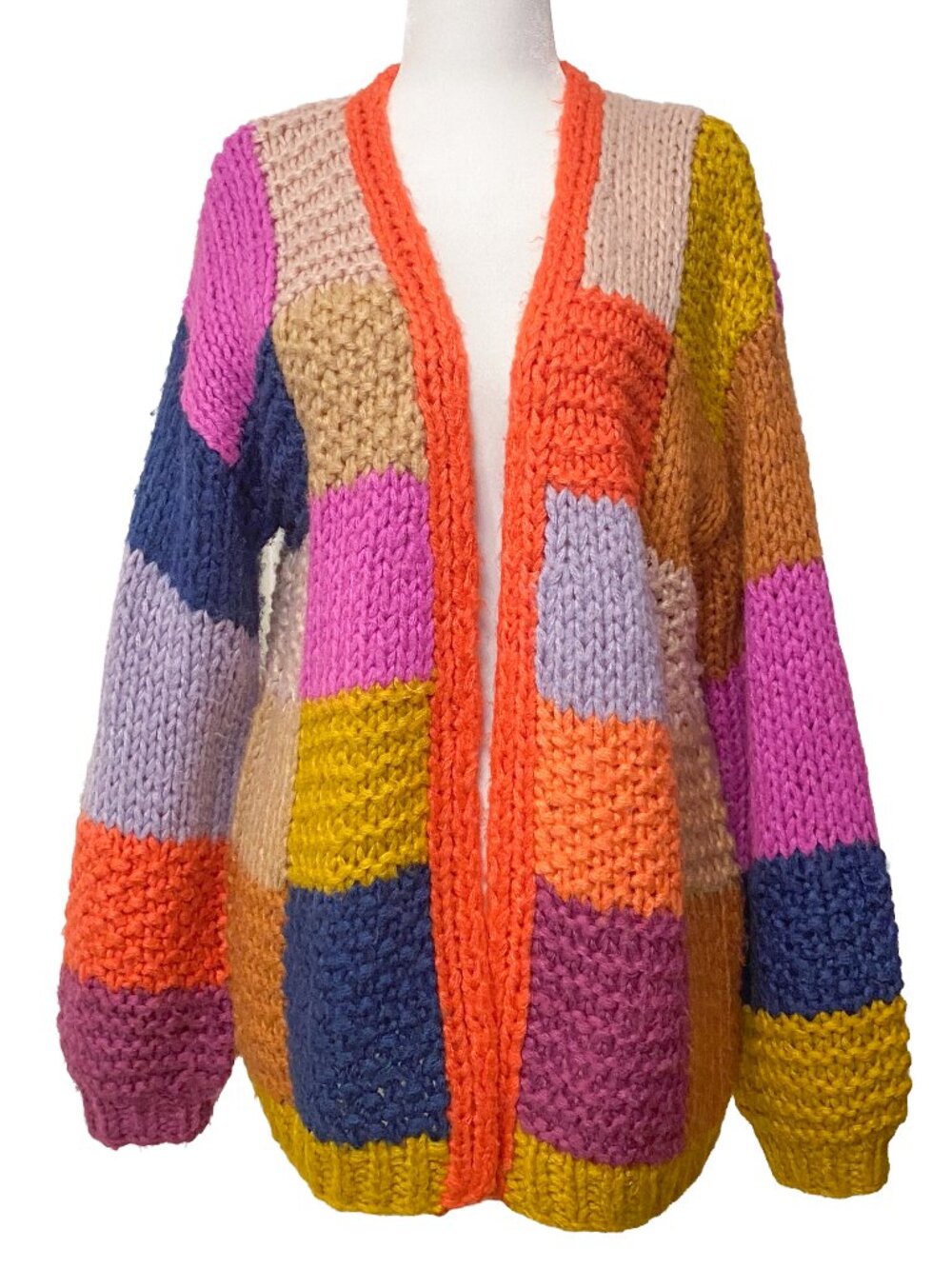 IN LOOM Patchwork Chunky Knit Cardigan Sweater S Cottagecore Colorblock Oversize